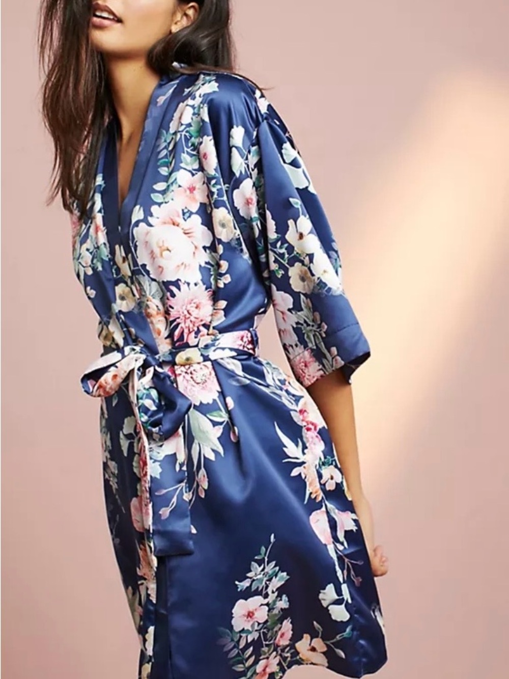 Flora Nikrooz Navy Blue Floral Satin Kimono Robe